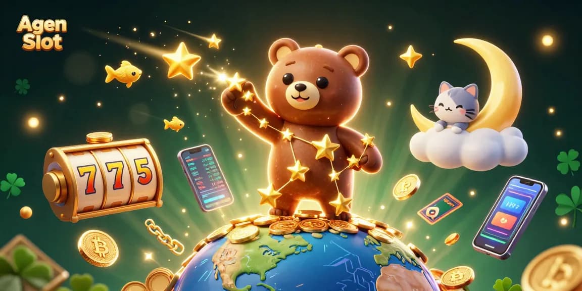 Agen Slot embodies exciting gameplay with dazzling slots and neon crypto coins in a vibrant casino scene.