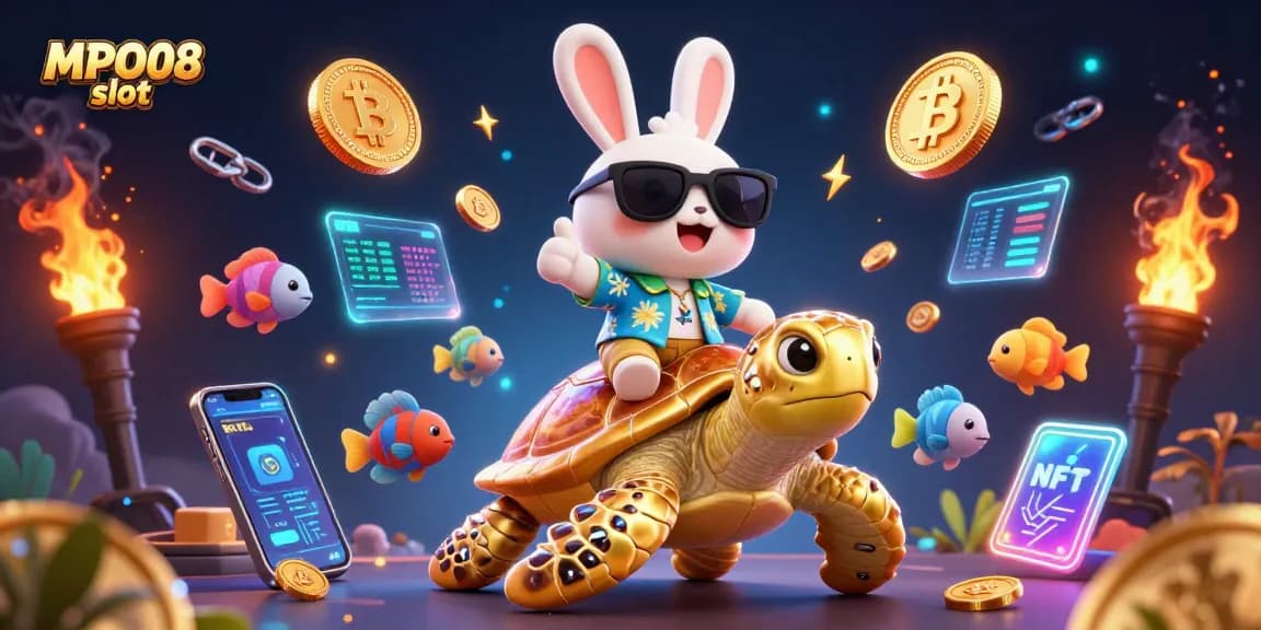 Spin the reels of MPO08 slot with an adorable lucky rabbit and golden turtle in a vibrant underwater casino.