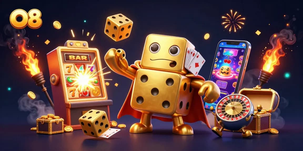 O8 showcases a dynamic casino scene with a golden dice golem juggling dice, surrounded by exciting slot machines.