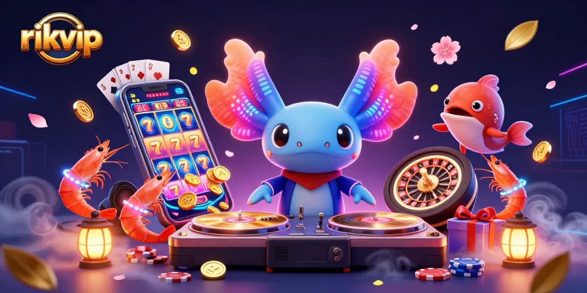 rikvip casino illustration featuring a neon DJ, glowing shrimp dancers, and vibrant game elements
