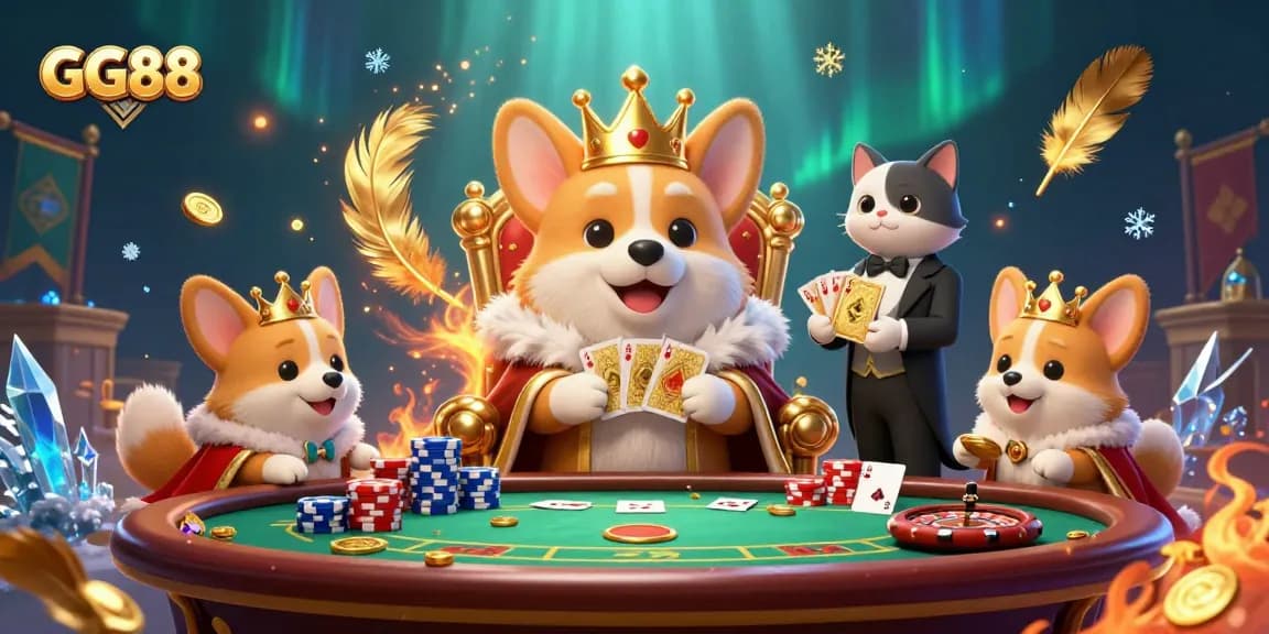 Experience GG88's thrilling atmosphere with a royal corgi and a cat butler in an online casino scene.