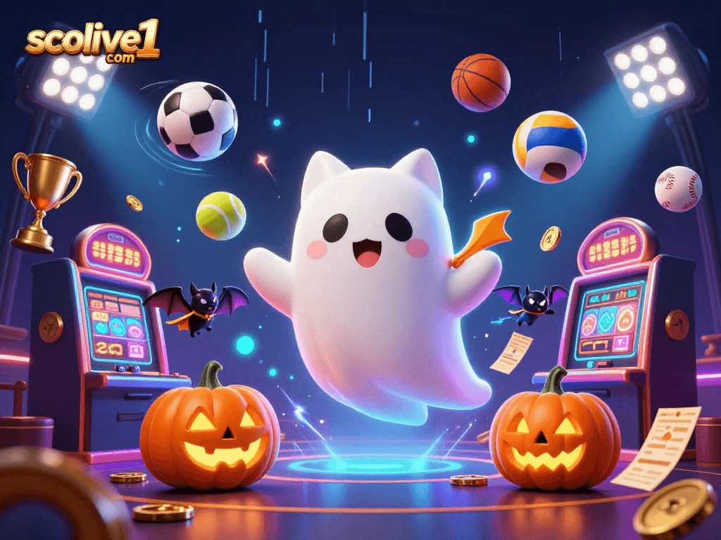 Experience thrilling sports action with socolive1 com, featuring dynamic ghost cat and sports-themed elements in 3D.