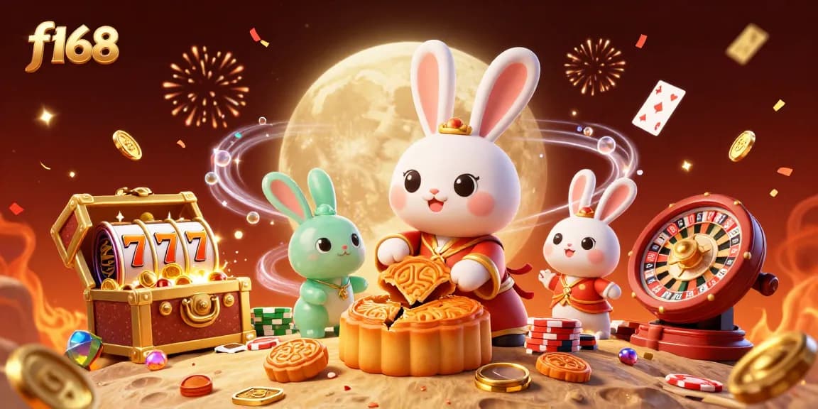 Engage in thrilling casino fun with f168 featuring a moon rabbit and dynamic game elements amidst a vibrant backdrop.