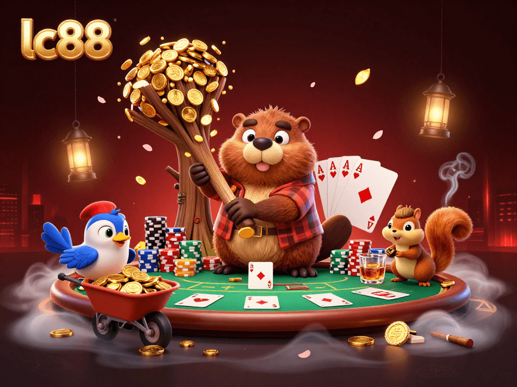 Experience lc88's thrilling casino adventure with cartoon characters, poker elements, and golden treasures.