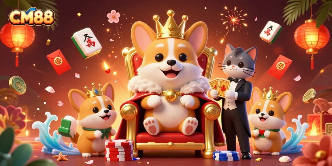 CM88 showcases an engaging scene with mascot characters amidst colorful casino elements, enhancing the gaming experience.