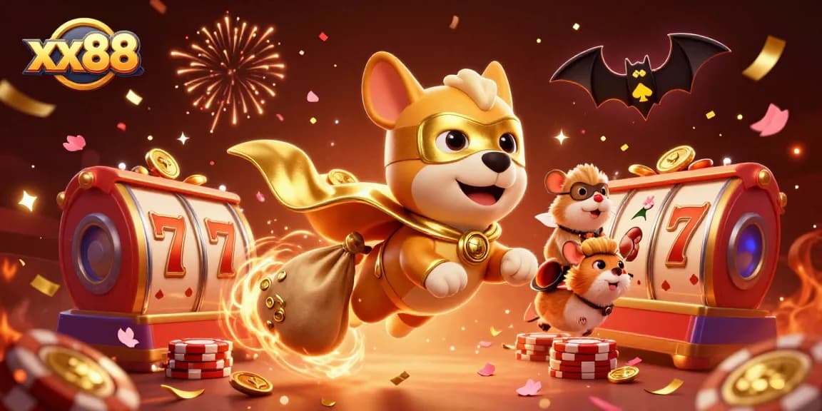 Win big with xx88's exciting gaming features, showcasing a dynamic superhero dog in action.