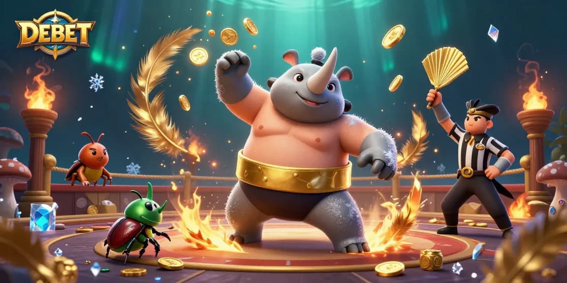 DEBET's thrilling sumo champion scene, showcasing excitement and golden coins flying in a vibrant gambling arena.