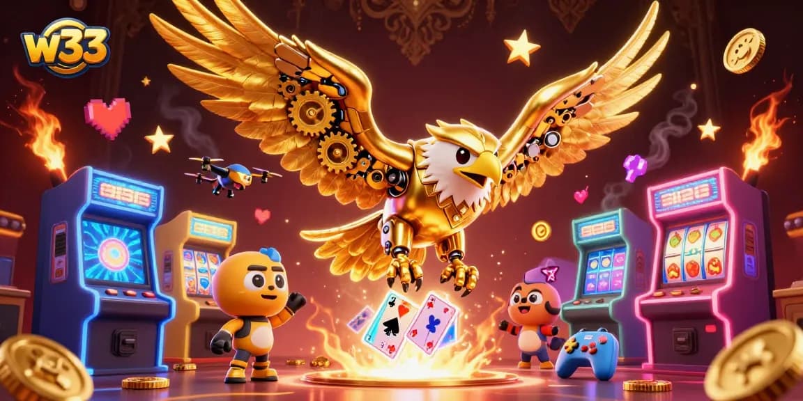 Experience thrilling w33 gaming with a golden eagle amidst vibrant casino elements.