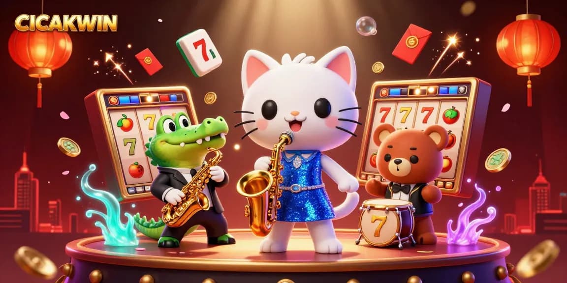 CICAKWIN slot gaming scene featuring a jazz-singer cat, a saxophone crocodile, and a drum bear with slot reels.