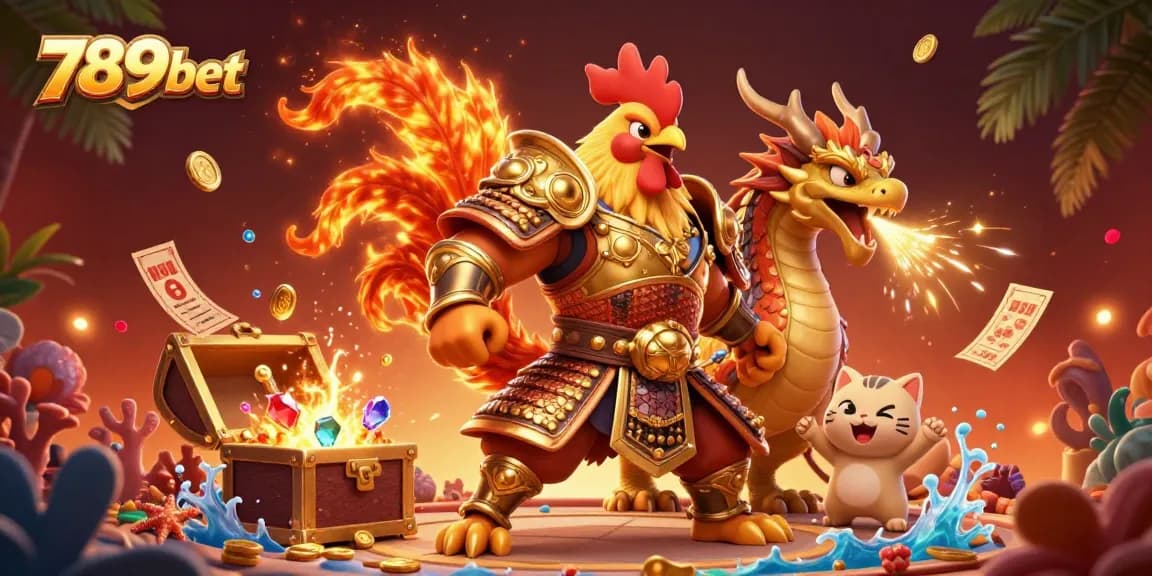 Experience thrilling cockfighting action with 789bet's dynamic rooster warrior illustration, showcasing sports betting excitement.