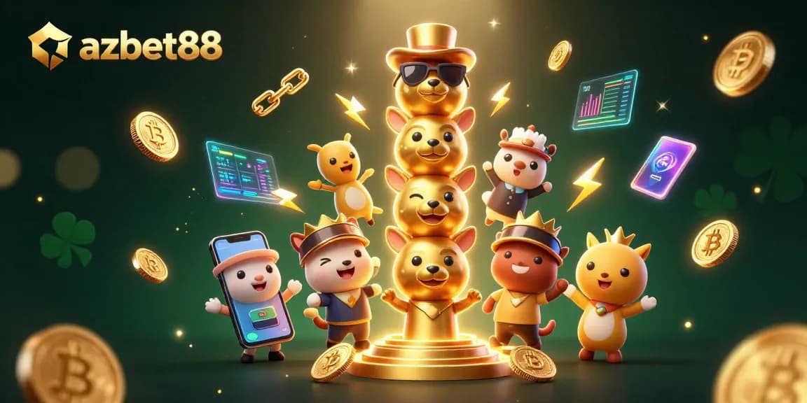 Engage with azbet88's vibrant gaming scene featuring crypto coins and animated casino elements.