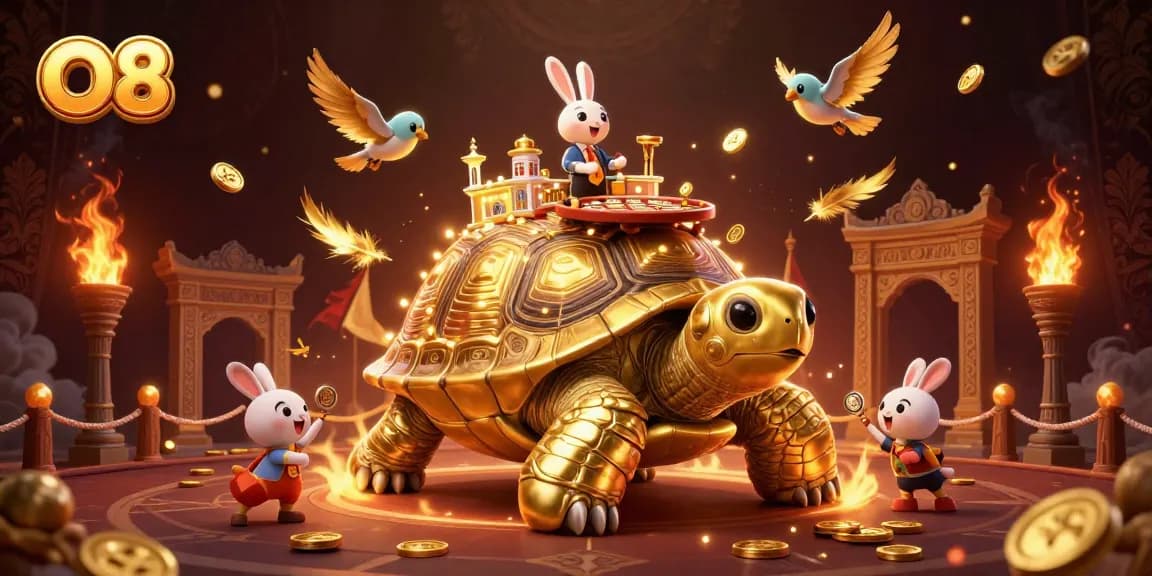 Bet on O8's golden tortoise casino scene with rabbit dealer and flying coins.