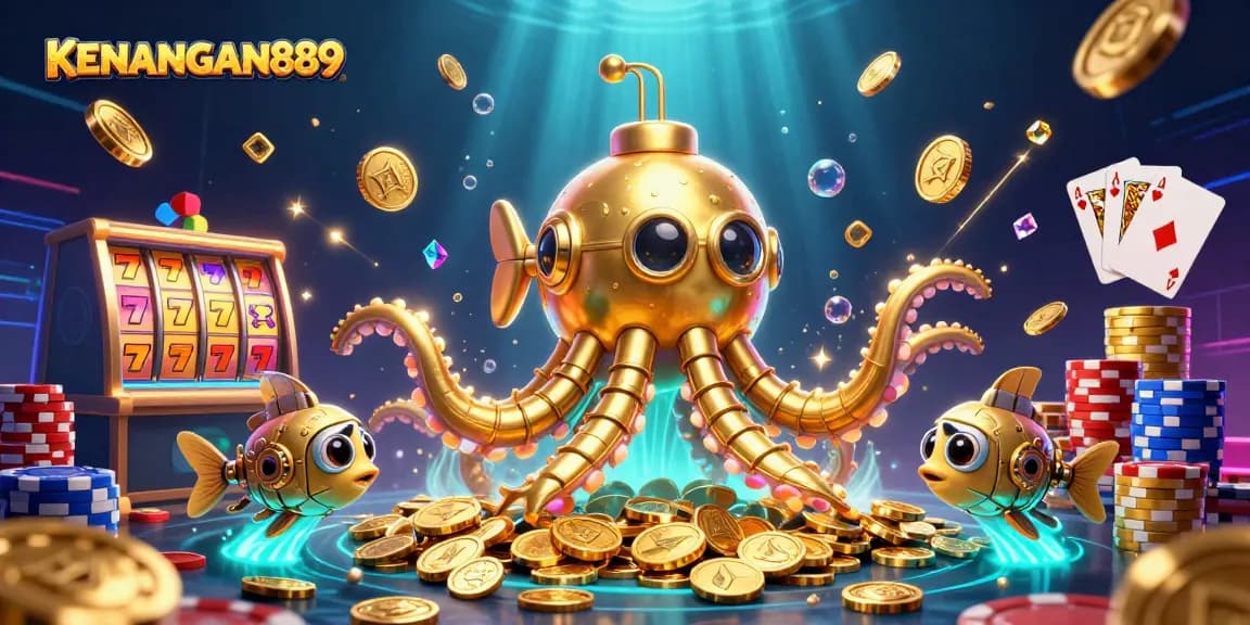 Experience thrilling action with KENANGAN889's vibrant sea of slots, golden coins, and enchanting aquatic characters.