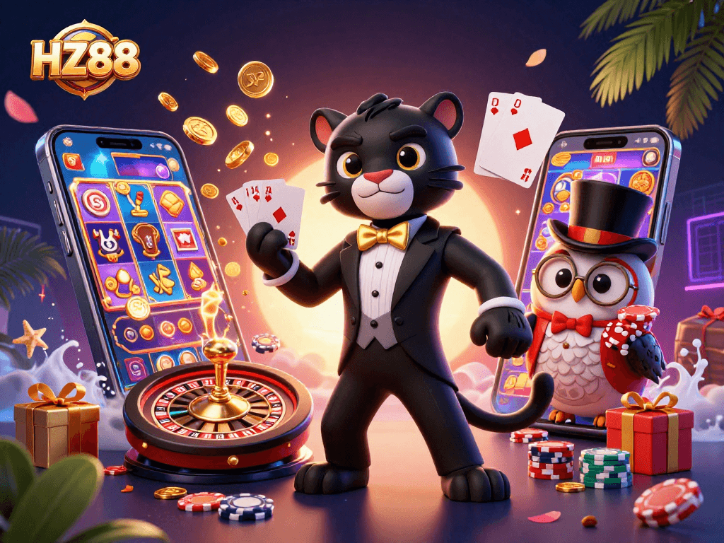 Experience thrilling games at HZ88, featuring unique characters and dynamic casino elements.