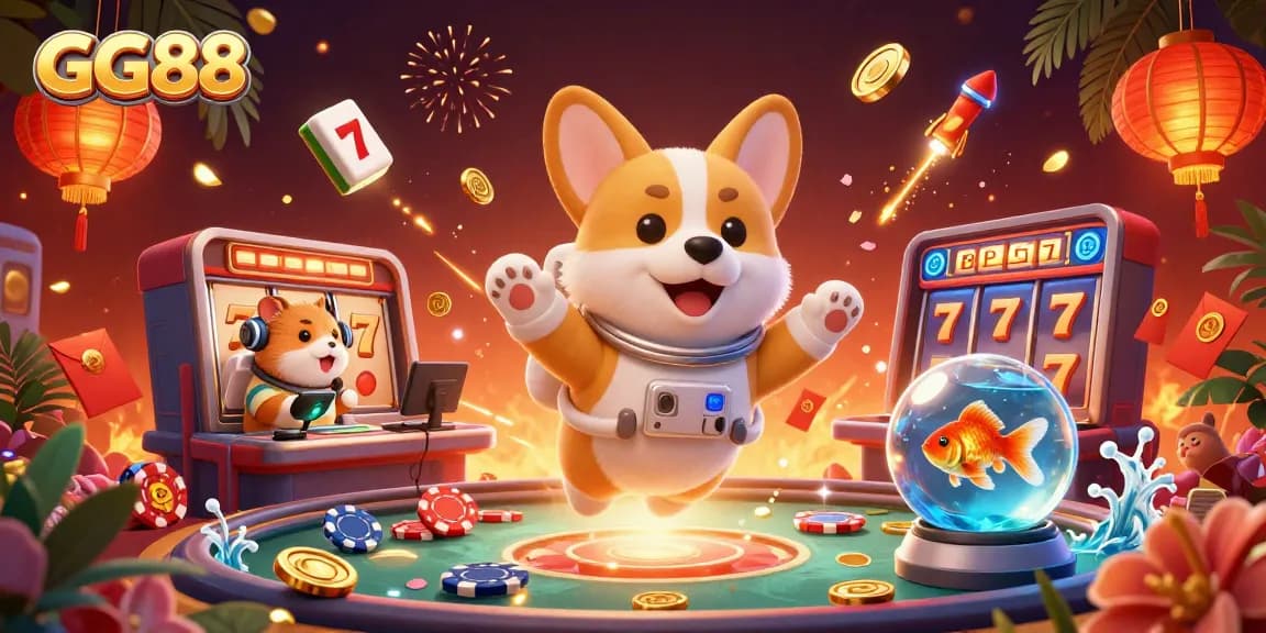 Experience gaming fun at GG88 with a playful astronaut corgi amidst casino elements.