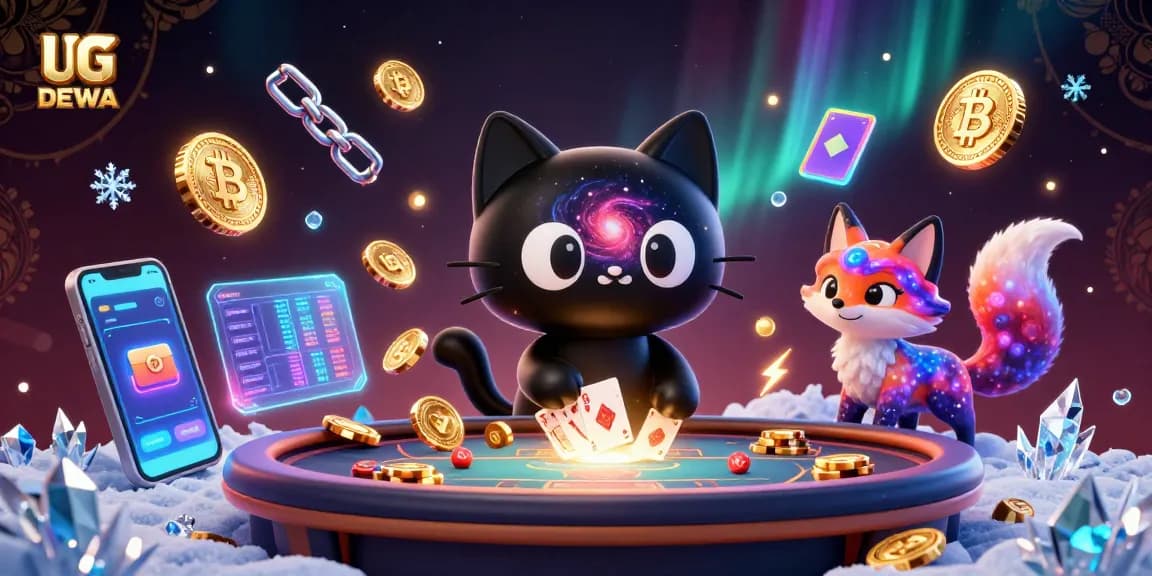 Engage with UG DEWA: A cosmic casino scene featuring vibrant slots and gambling elements, showcasing a swirling black hole cat