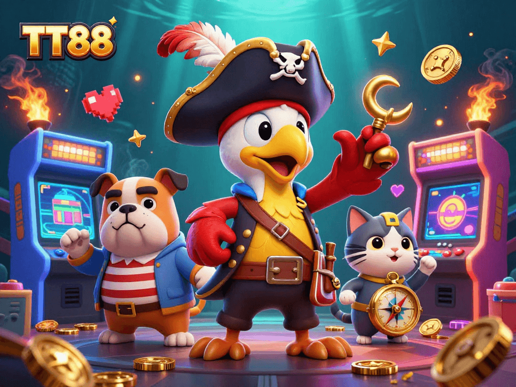 Engage with TT88's thrilling gaming adventures featuring pirate characters in a vibrant casino setting.