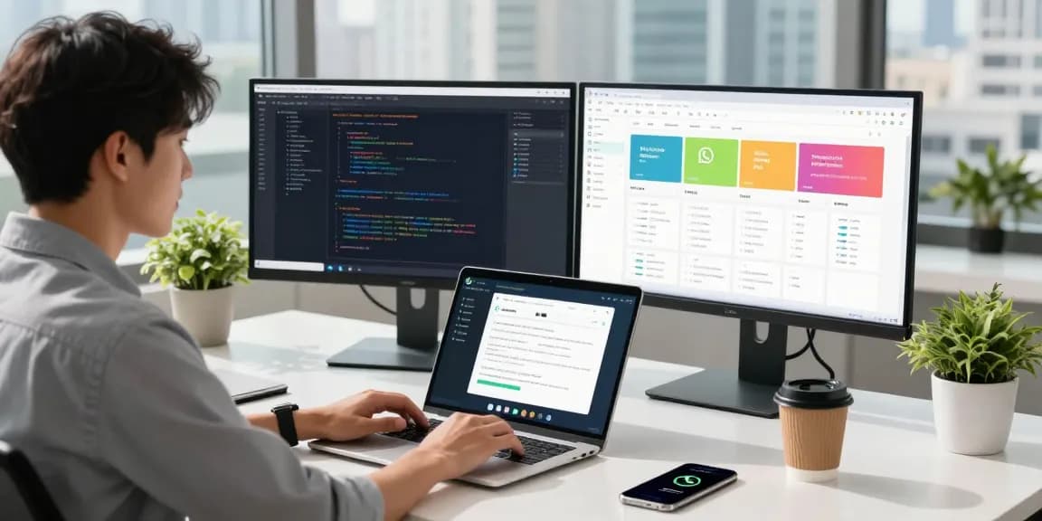 Professional using WhatsApp網頁版 on a laptop in a modern workspace filled with dual monitors, plants, and vibrant city views.