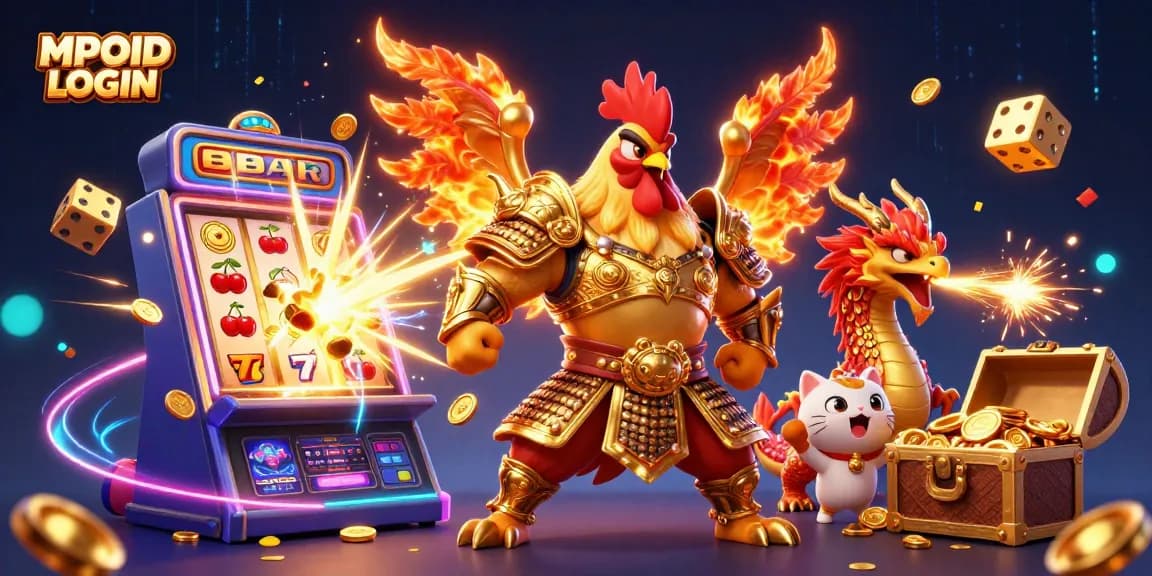 MPOID LOGIN showcases an exciting gaming scene with dynamic characters and casino elements, celebrating online gaming.