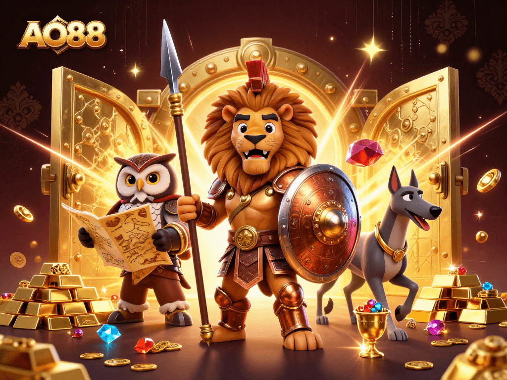 Experience thrilling gaming action with AO88 in this vibrant scene showcasing a bronze-armored lion, an owl strategist, and a greyhound messenger among treasures.