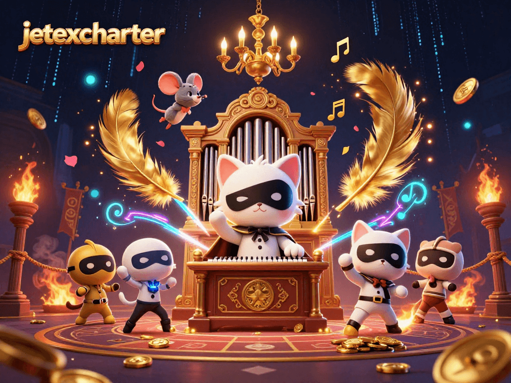 Engage with jetexcharter's vibrant casino scene featuring whimsical gambling elements and playful characters.
