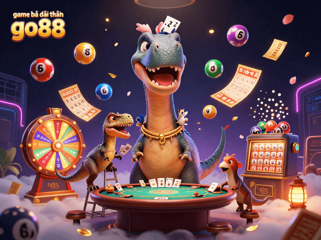 Play thrilling games with game bài đổi thưởng go88, surrounded by vibrant lottery elements and characters.