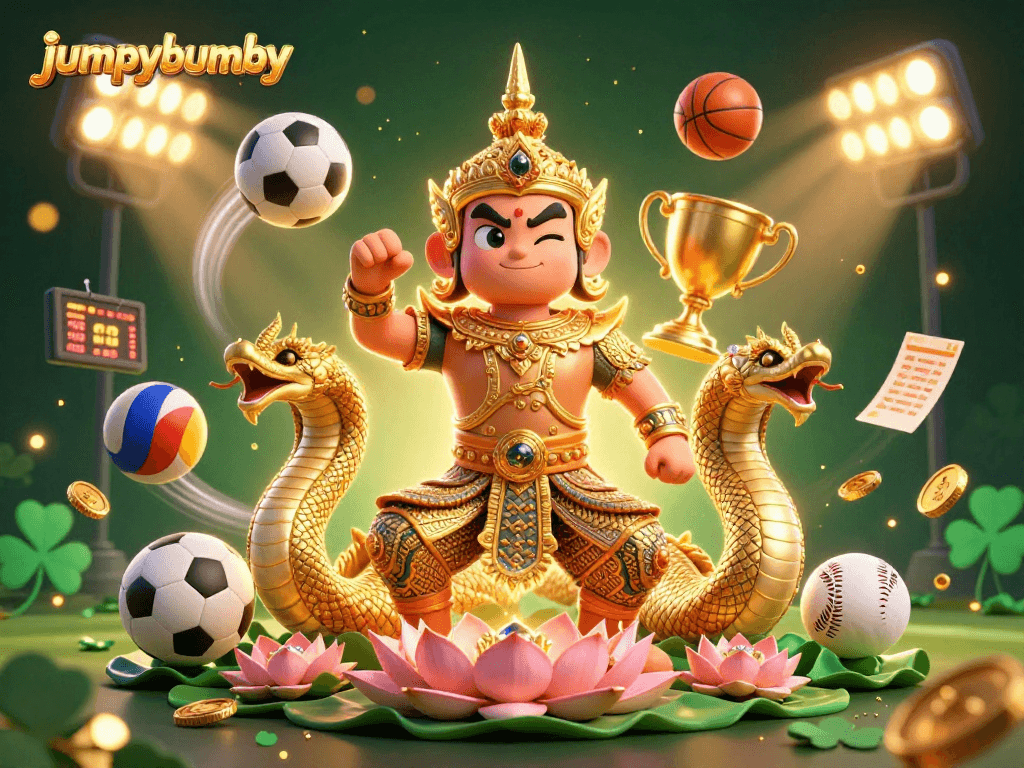 Engage with jumpybumpy's dynamic gaming scene featuring a colorful Thai temple guardian and sports elements.