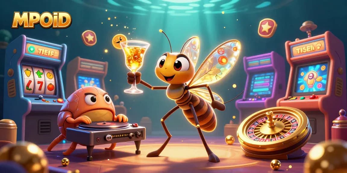 MPOID brings excitement to gaming with a cocktail-holding mosquito mascot among vibrant slot machines and roulette wheels.