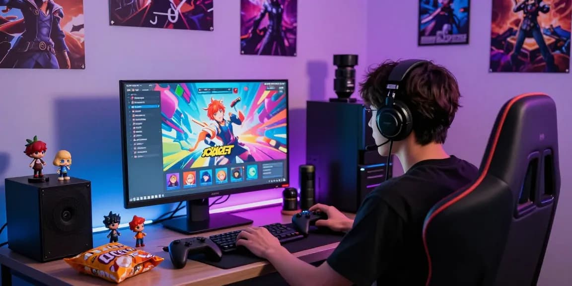 Engaged player enjoying free hentai games on monitor, colorful visuals and gaming setup.