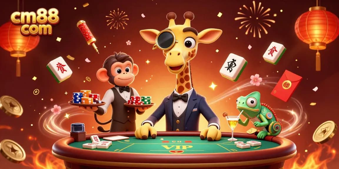 Experience premier gaming at cm88 com with a lavish giraffe and lively monkey conducting a money-filled celebration.