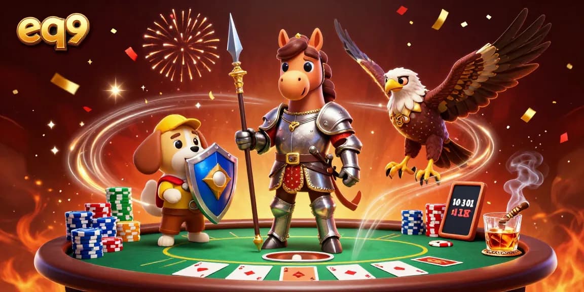 Experience thrilling gameplay at eq9, featuring a knight and puppy celebrating a poker victory.