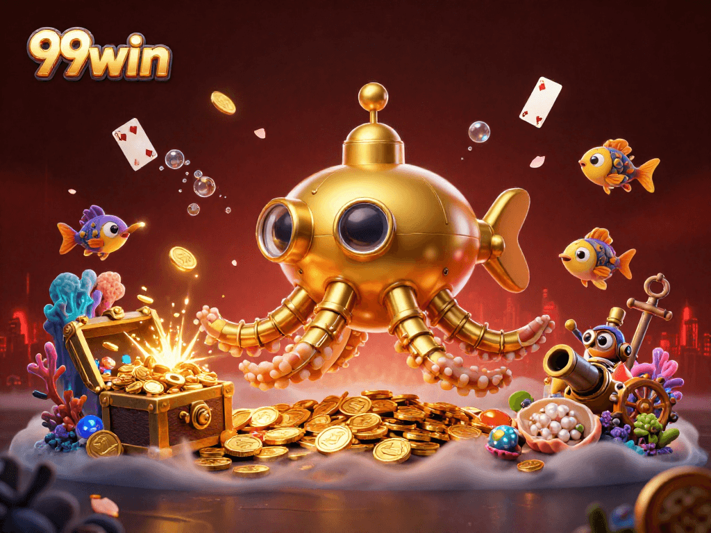 Engage with thrilling 99win slots and games around a golden kraken submarine in a treasure-filled underwater scene.