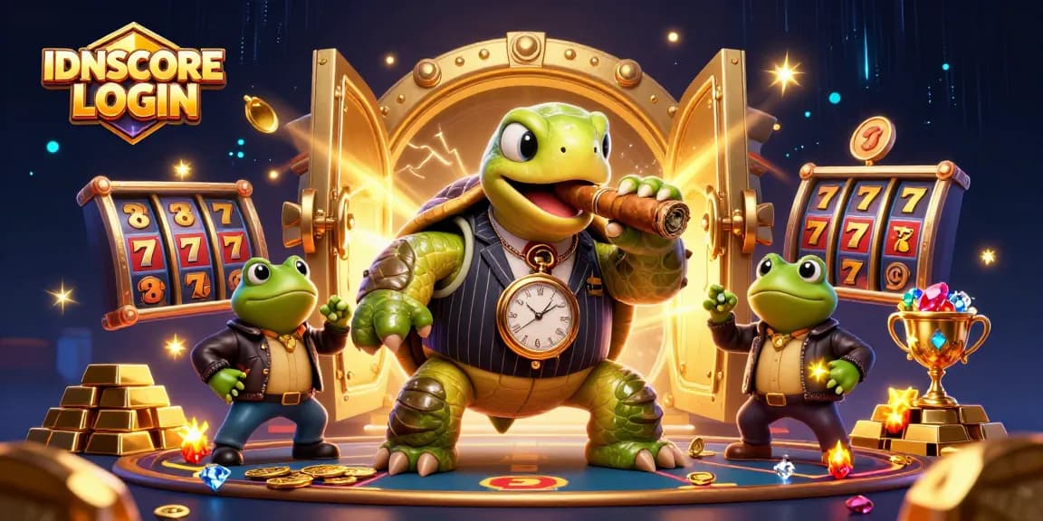 Experience exciting gameplay at IDNSCORE LOGIN with dynamic casino illustration featuring a character in action.
