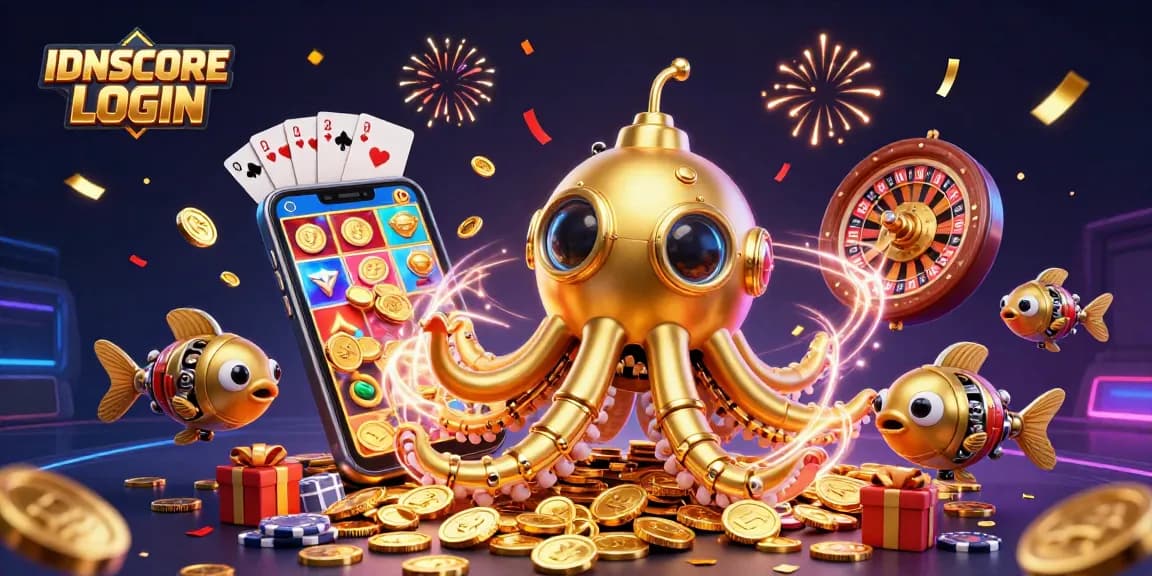 IDNSCORE LOGIN showcases a golden kraken submarine amidst a treasure of coins, vibrant slots, and casino excitement.