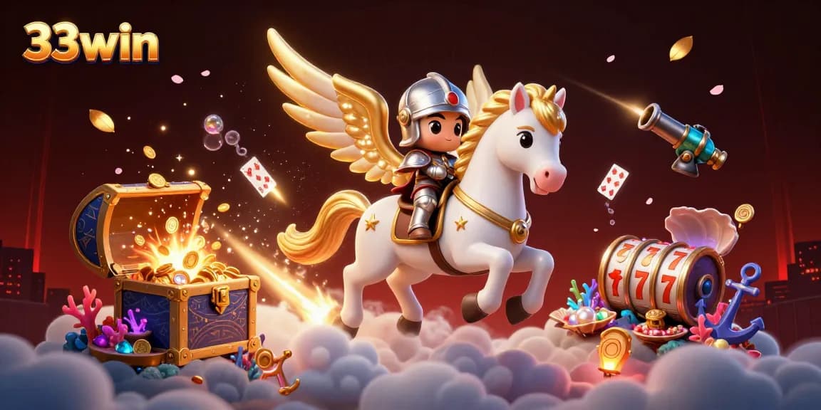 Experience thrilling wins with 33win, featuring a knight and celestial horse in a vibrant casino-themed scene.