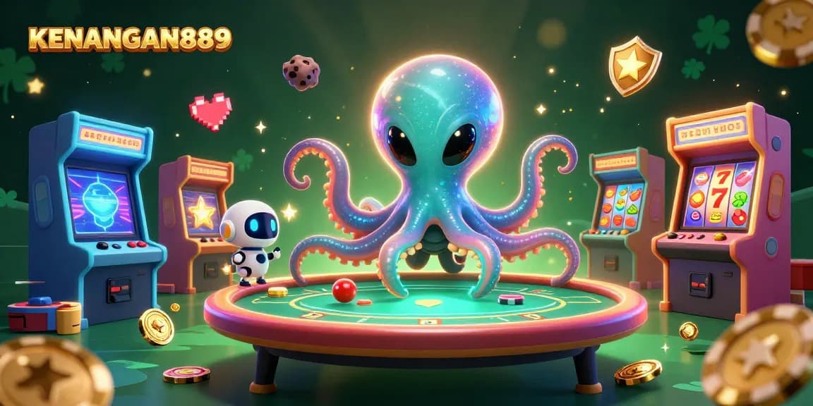 Join the fun with KENANGAN889 as the alien octopus navigates a vibrant holographic poker game.