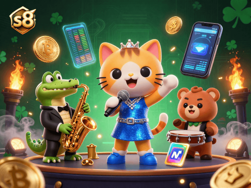 Engaging in s8 casino fun with a jazz-singer cat, crocodile, and bear cub amidst vibrant crypto elements.