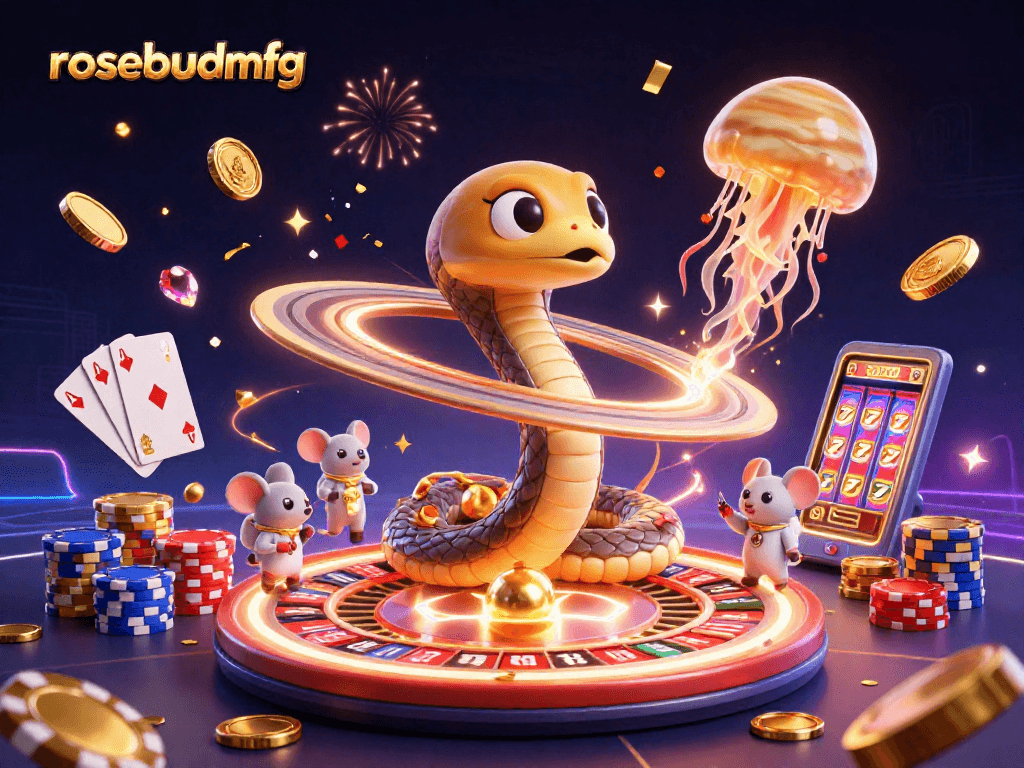 rosebudmfg players interact with a cosmic roulette scene featuring a Saturn ring snake and astronaut mice