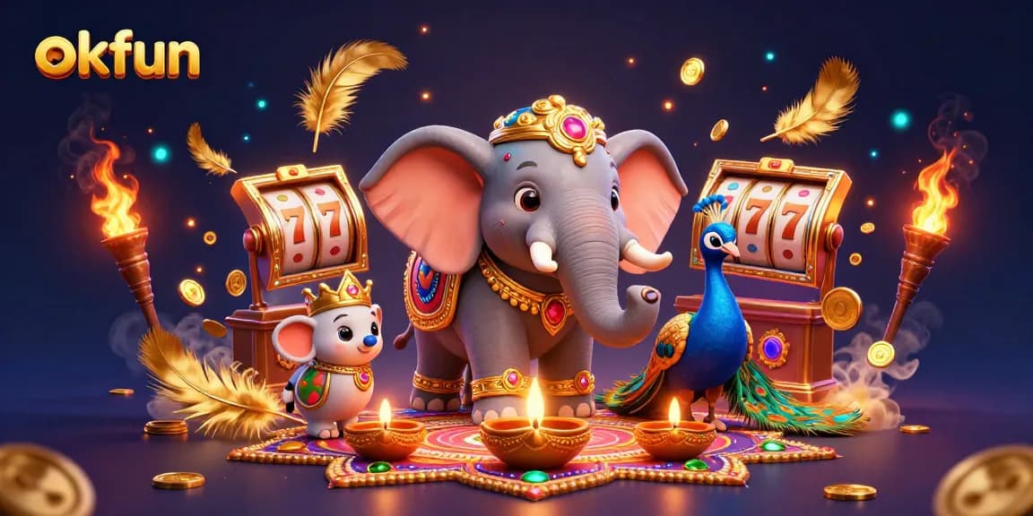 Spin the reels with okfun in this vibrant 3D casino scene featuring a Diwali-themed elephant.