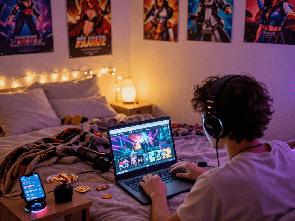 Player enjoying lewdspot games in cozy bedroom, engaging with vibrant snacks and ambient light.