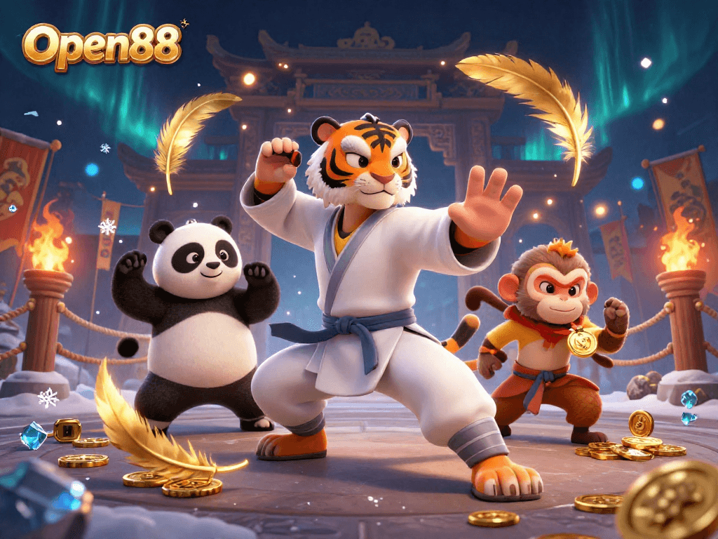 Open88 gameplay scene with a kung fu master, panda, and monkey amid casino elements and vibrant effects.