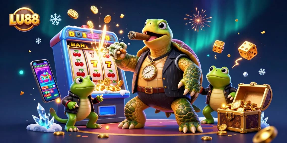 LU88 players engage with thrilling casino games in a vibrant, dynamic illustration showcasing a bustling gaming environment.