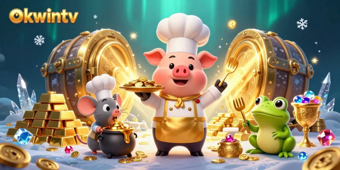 Join the excitement of okwintv as a chef pig serves gold coins amidst a vibrant casino scene.