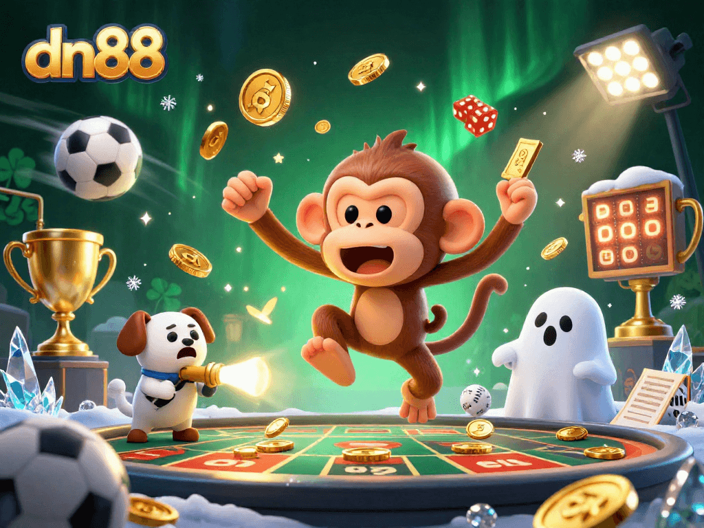 Engage with the magical atmosphere of dn88 as a playful poltergeist monkey juggles golden casino treasures.