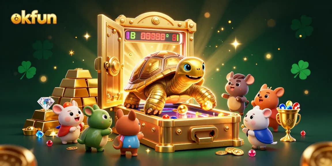 Spin the reels at okfun's vibrant casino illustration featuring golden treasures and lively characters.