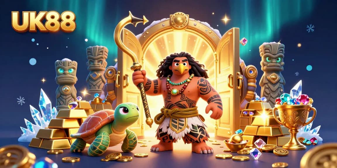 Experience the excitement of UK88 with dynamic gaming elements and vibrant characters in this immersive 3D casino scene.