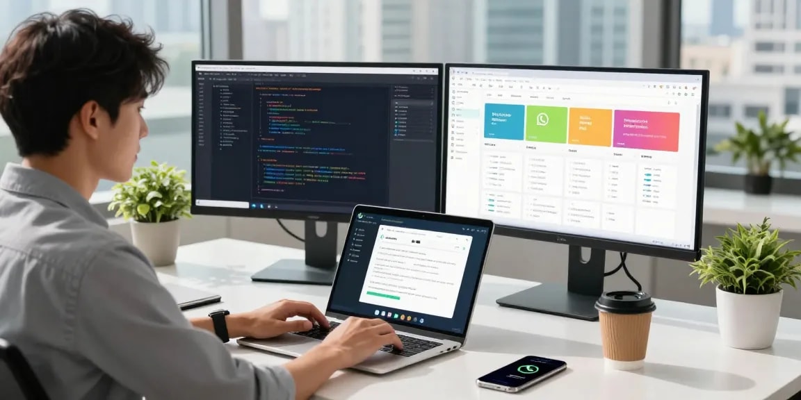 Professional using WhatsApp網頁版 on a laptop in a modern workspace filled with dual monitors, plants, and vibrant city views.