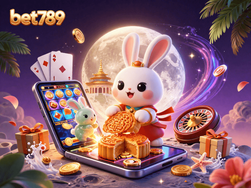 Join the vibrant world of bet789 with a lucky moon rabbit amidst casino treasures