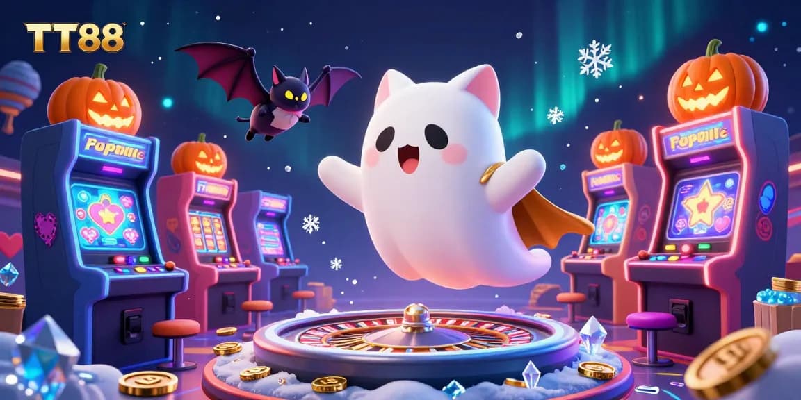 Engage with TT88's thrilling gaming experience in a dynamic casino scene with ghostly characters.