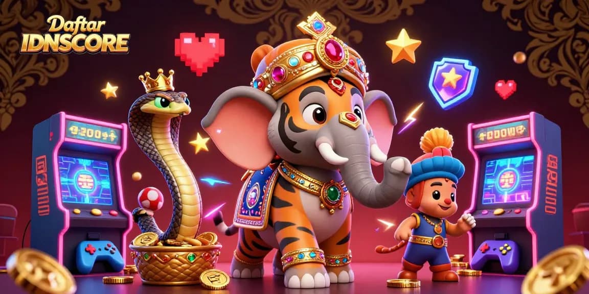 Experience exciting gaming adventures with Daftar IDNSCORE in this vibrant casino-themed illustration.